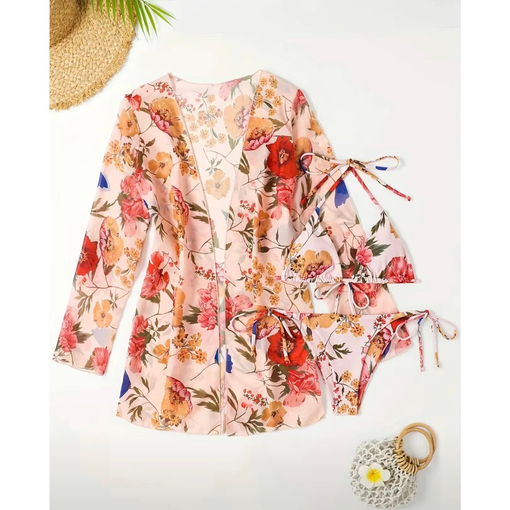 NEW Three-Piece Dusty Rose Floral Cheeky String Bikini w/Coverup MEDIUM A-D Cup